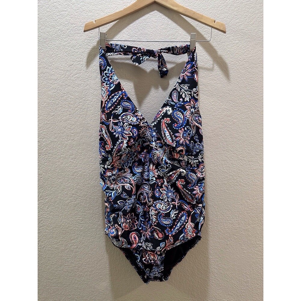 Time And Tru Swimsuit Women 1X  Black Multi Floral One Piece Halter Neck Push Up